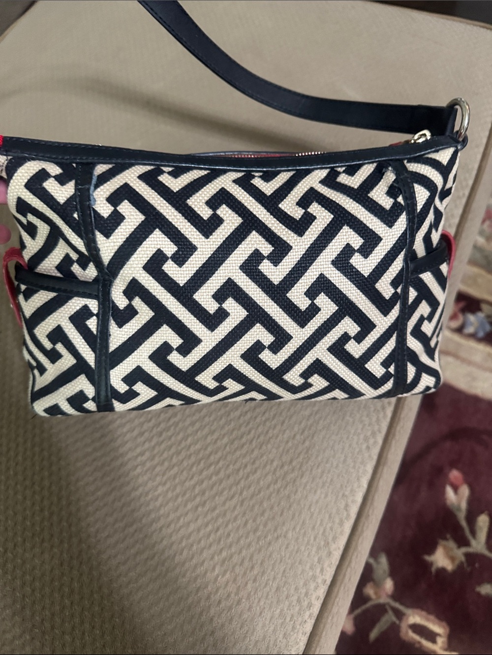 Spartina 449 Black and Cream Geometric Crossbody with Red Trim. - Picture 3 of 6